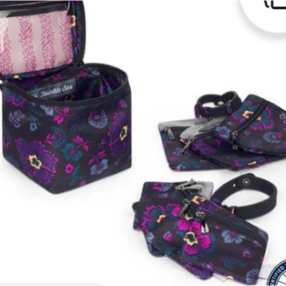 Floral Travel Jewelry Case and Pouch Set -Black with Purple Pink Flowers by lug